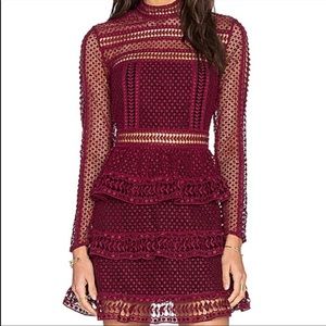 Self Portrait Burgundy Lace Paneled Long Sleeve Dress
